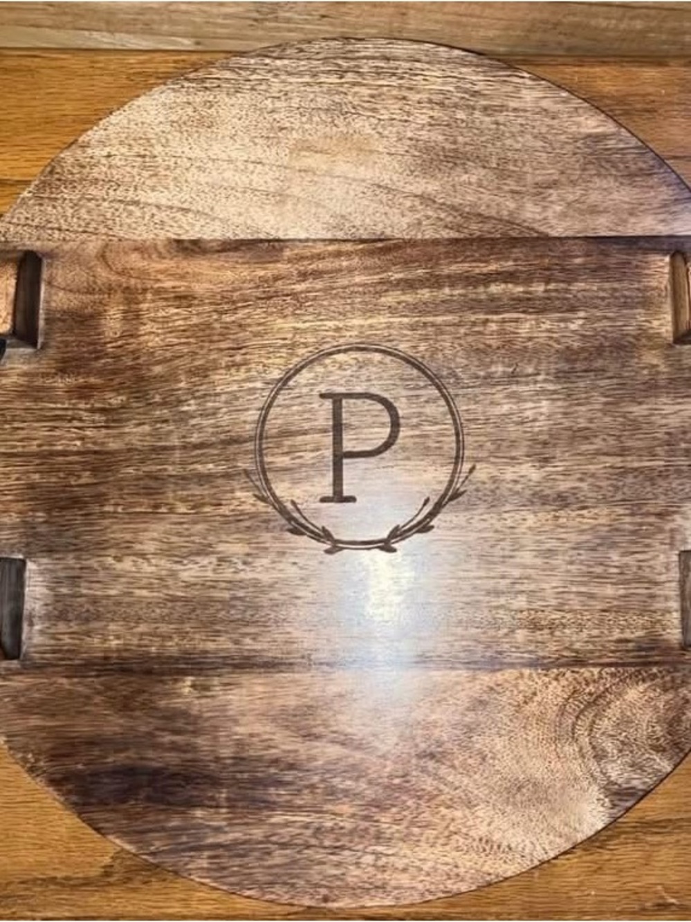 thirty-one Round Wooden Serving Tray with Monogram P - Brown